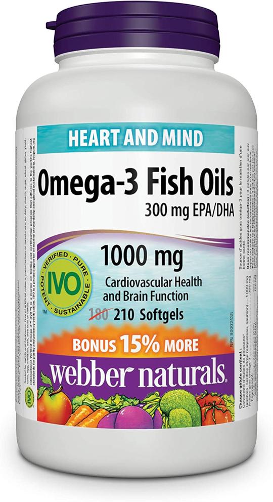 Webber Naturals Omega-3 Fish Oil 1,000 mg, 210 Softgels, Supports Heart, Brain, and Joint Health