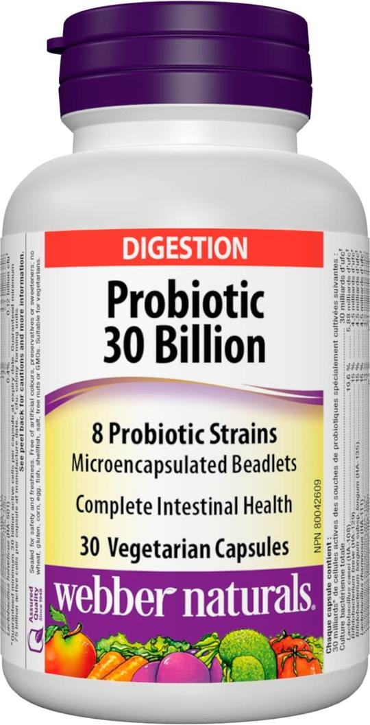 Webber Naturals Probiotic 30 Billion Active Cells, 8 Probiotic Strains, 30 Capsules, For Digestive Health, Vegetarian