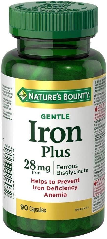 Nature's Bounty Gentle Iron Supplement, Helps Prevent Iron Deficiency Anemia, 28mg, 90 Capsules
