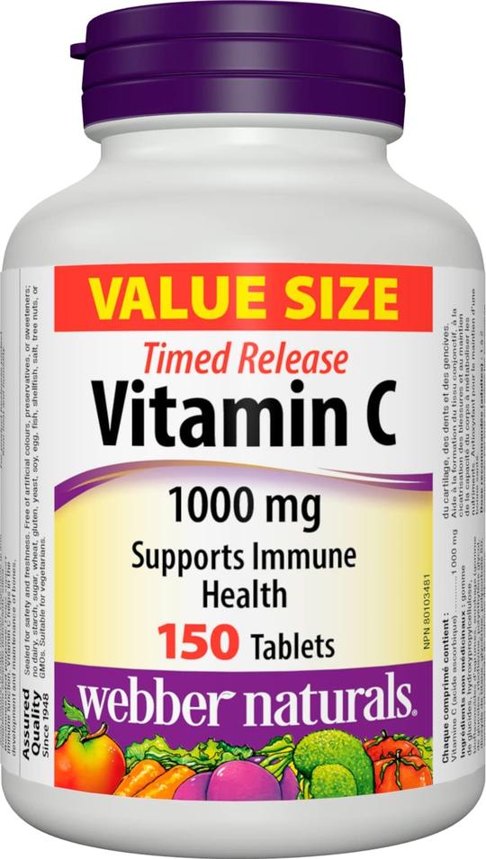 Webber Naturals Vitamin C Timed Release 1,000 mg, 150 Tablets, For Bones, Teeth, Immune and Antioxidant Health, Vegetarian